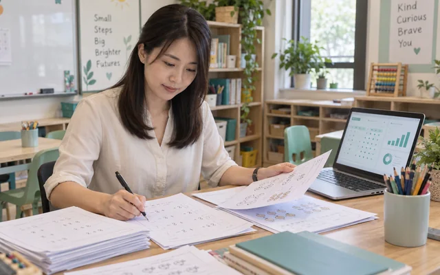 教育中心教师准备教材并查看学生管理资料(AI 场景示意)