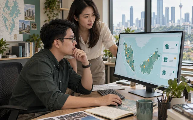 研究人员查看马来西亚门店、房产与学校地图(AI 场景示意)