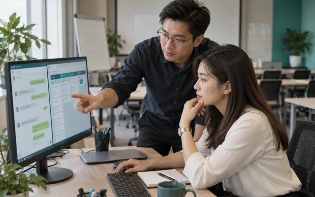培训顾问核对客户对话与 CRM 跟进机会(AI 场景示意)